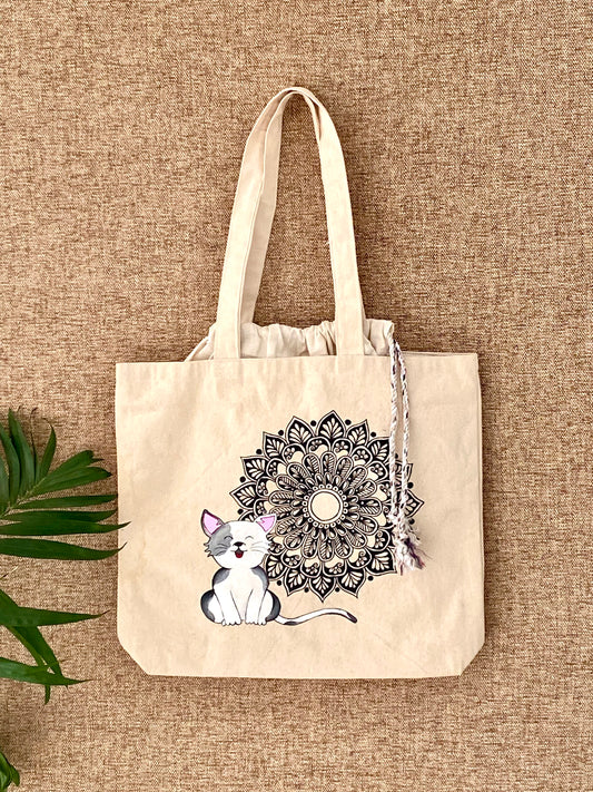 Handpainted balloon Tote Bag - Mandala Cat Design