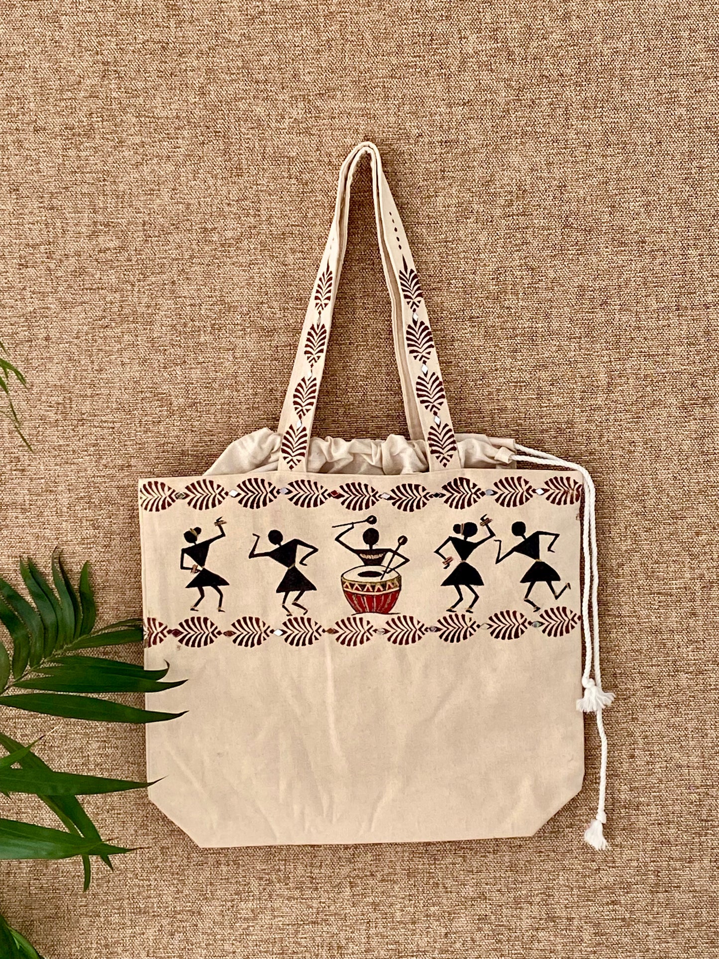 Handpainted Balloon Tote Bag- Warli Art Design With Mirror Work