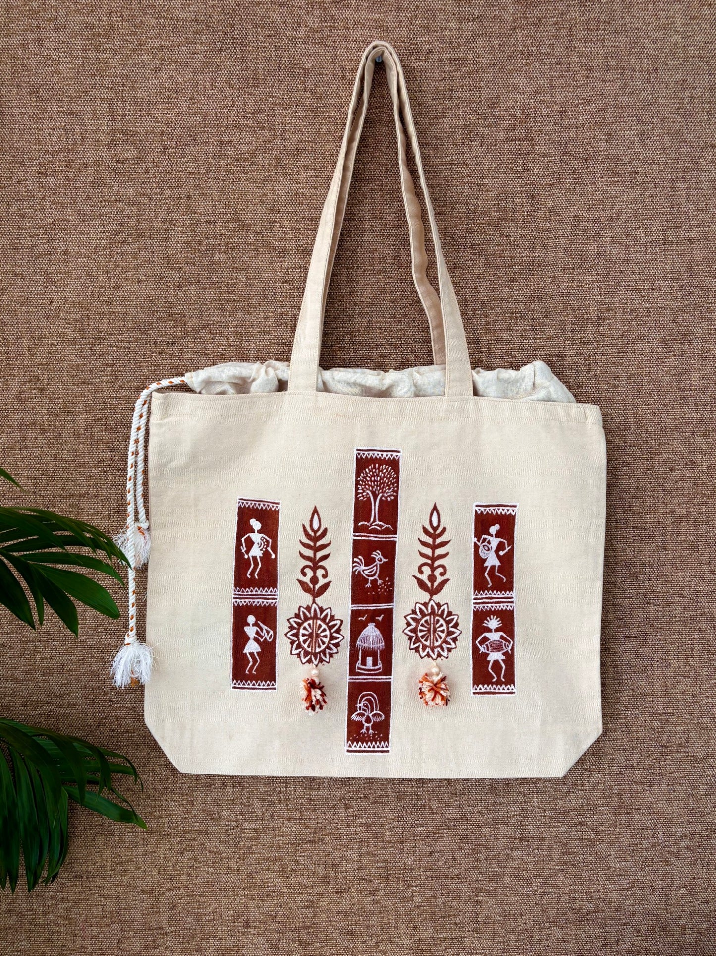 Handpainted balloon tote bag- Warli Art with pom pom