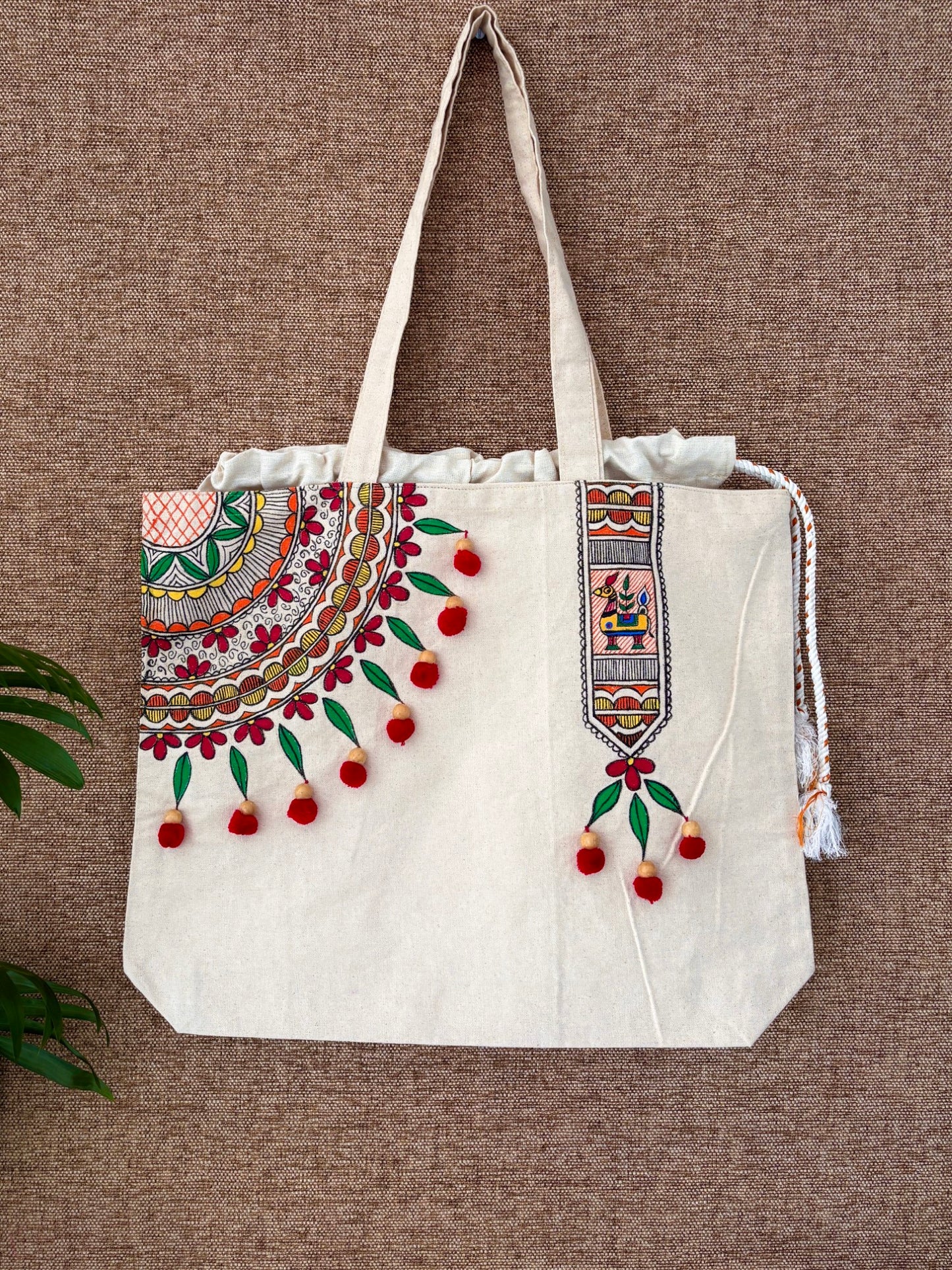 Handpainted balloon tote bag- Colorful Mandala Art with pom pom