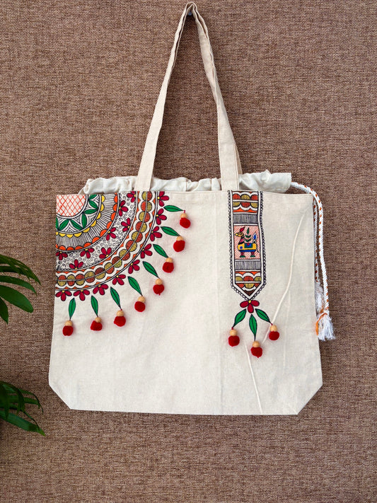 Handpainted balloon tote bag- Colorful Mandala Art with pom pom