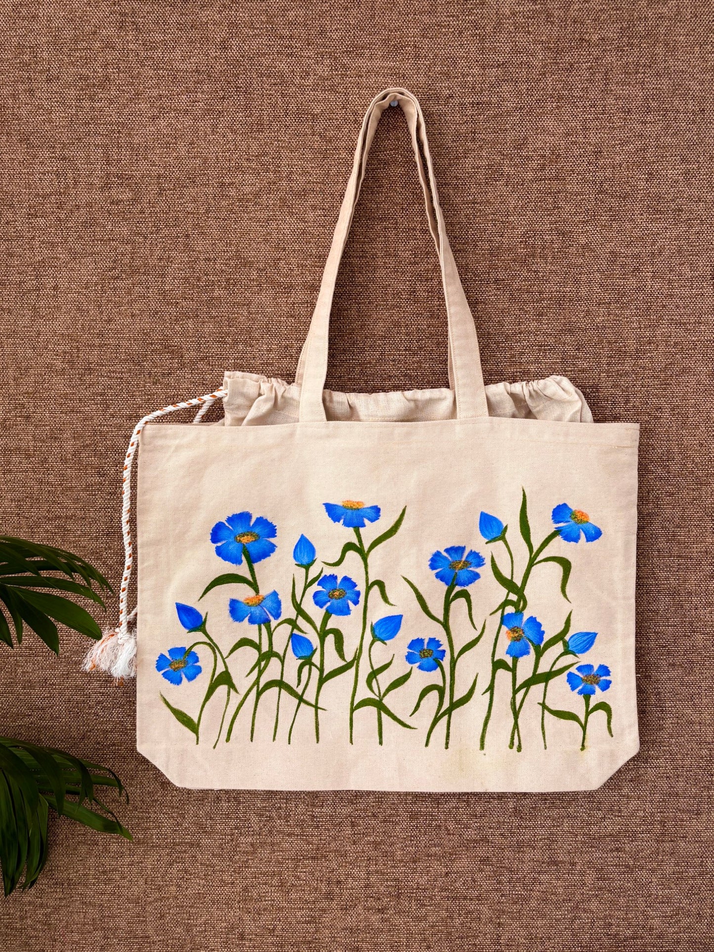 Handpainted balloon tote bag- Blue Floral Design