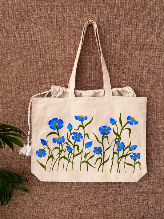 Handpainted balloon tote bag- Blue Floral Design