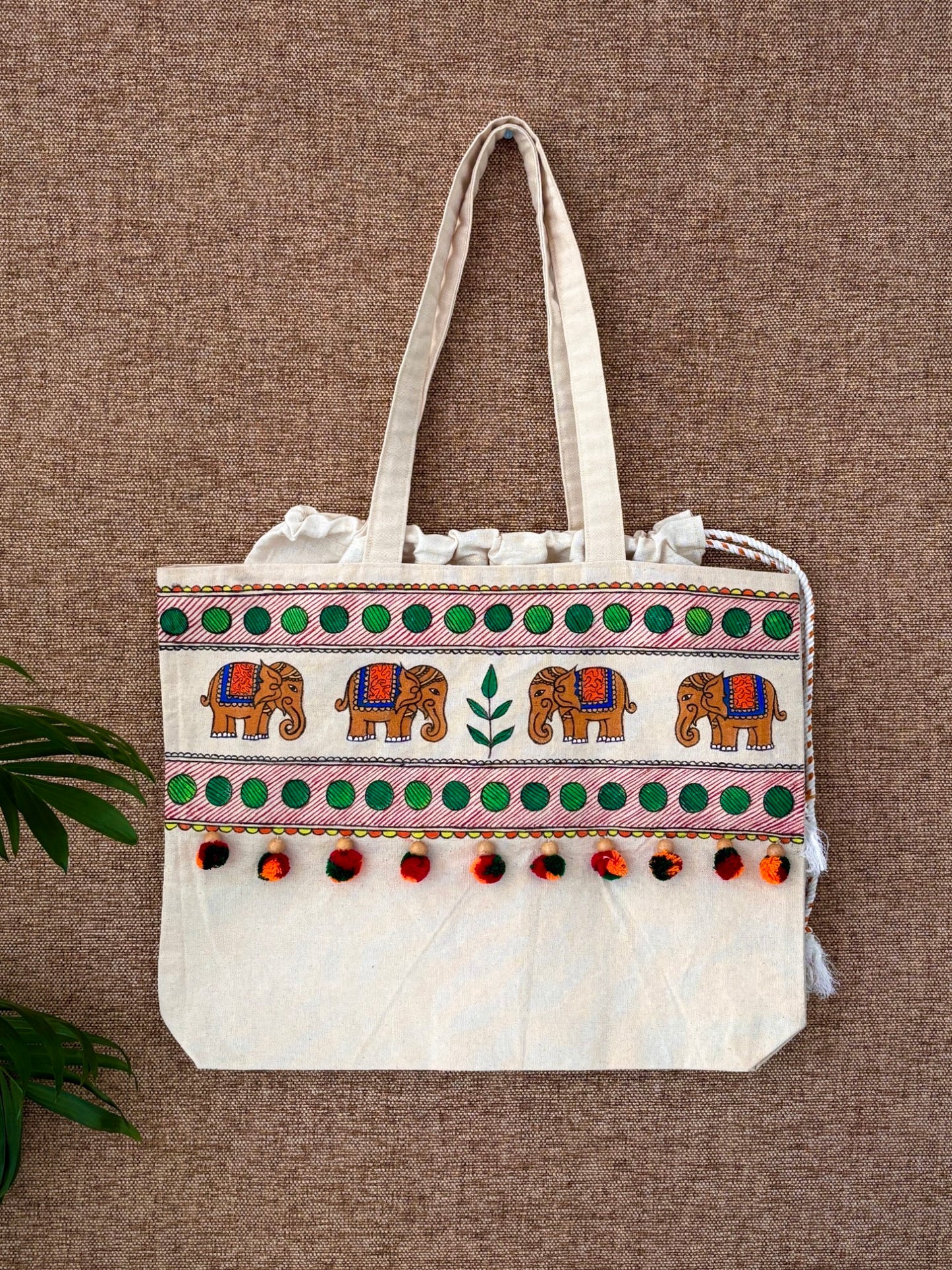 Handpainted balloon tote bag- Elephant motif with pom pom