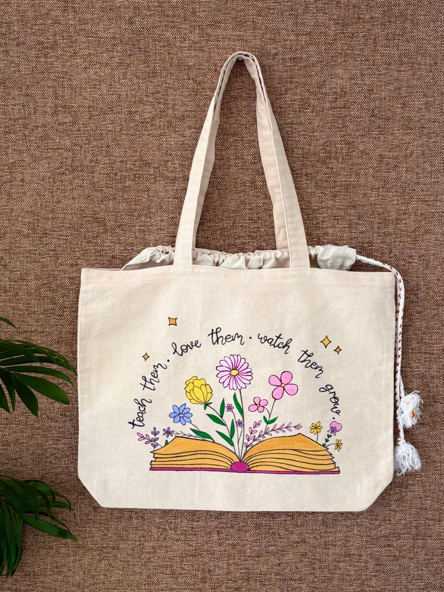 Handpainted balloon tote bag- Floral design with teaching quote