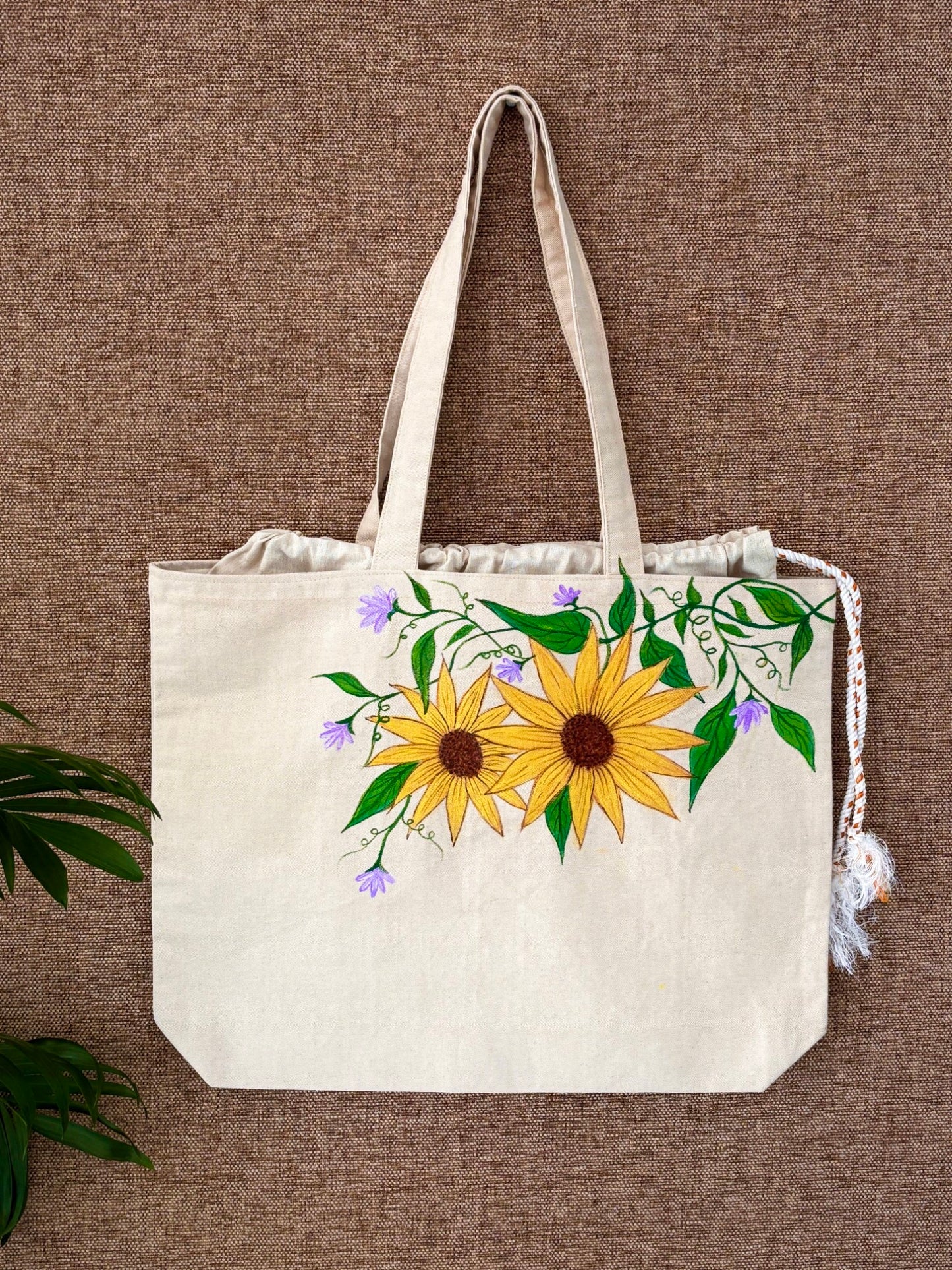 Handpainted balloon tote bag- Yellow sunflower design