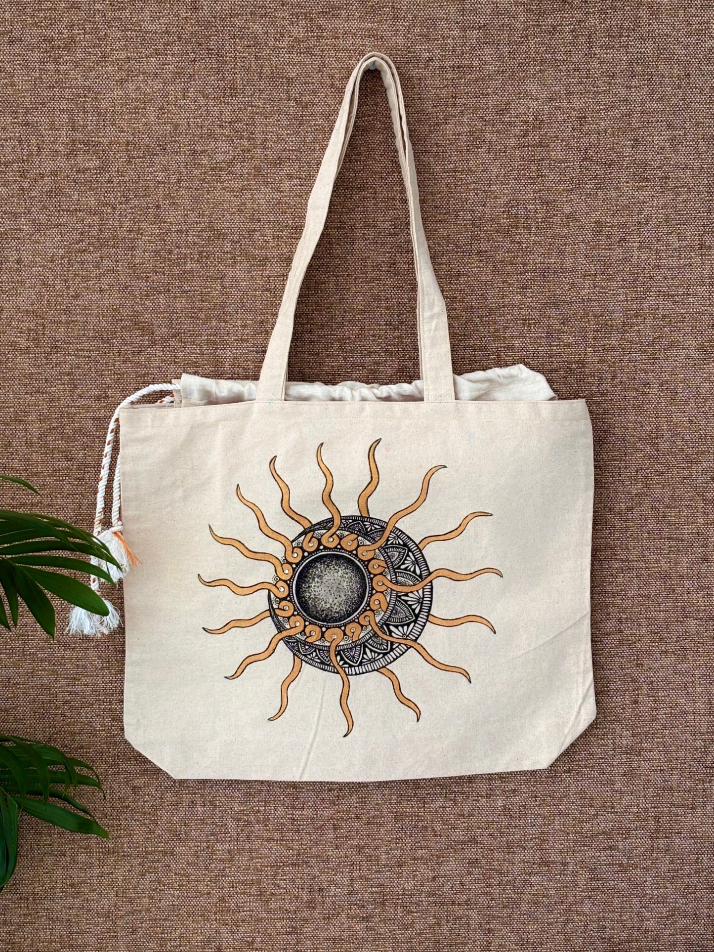 Handpainted balloon tote bag- Mandala art design with glitter