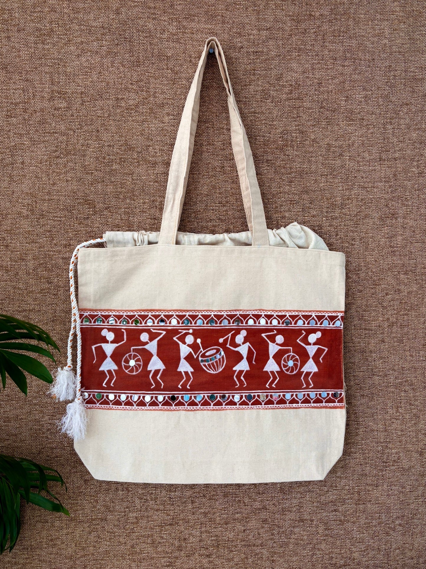 Handpainted balloon tote bag- Warli art with mirror work design