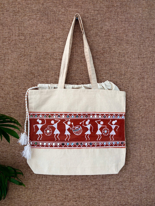 Handpainted balloon tote bag- Warli art with mirror work design