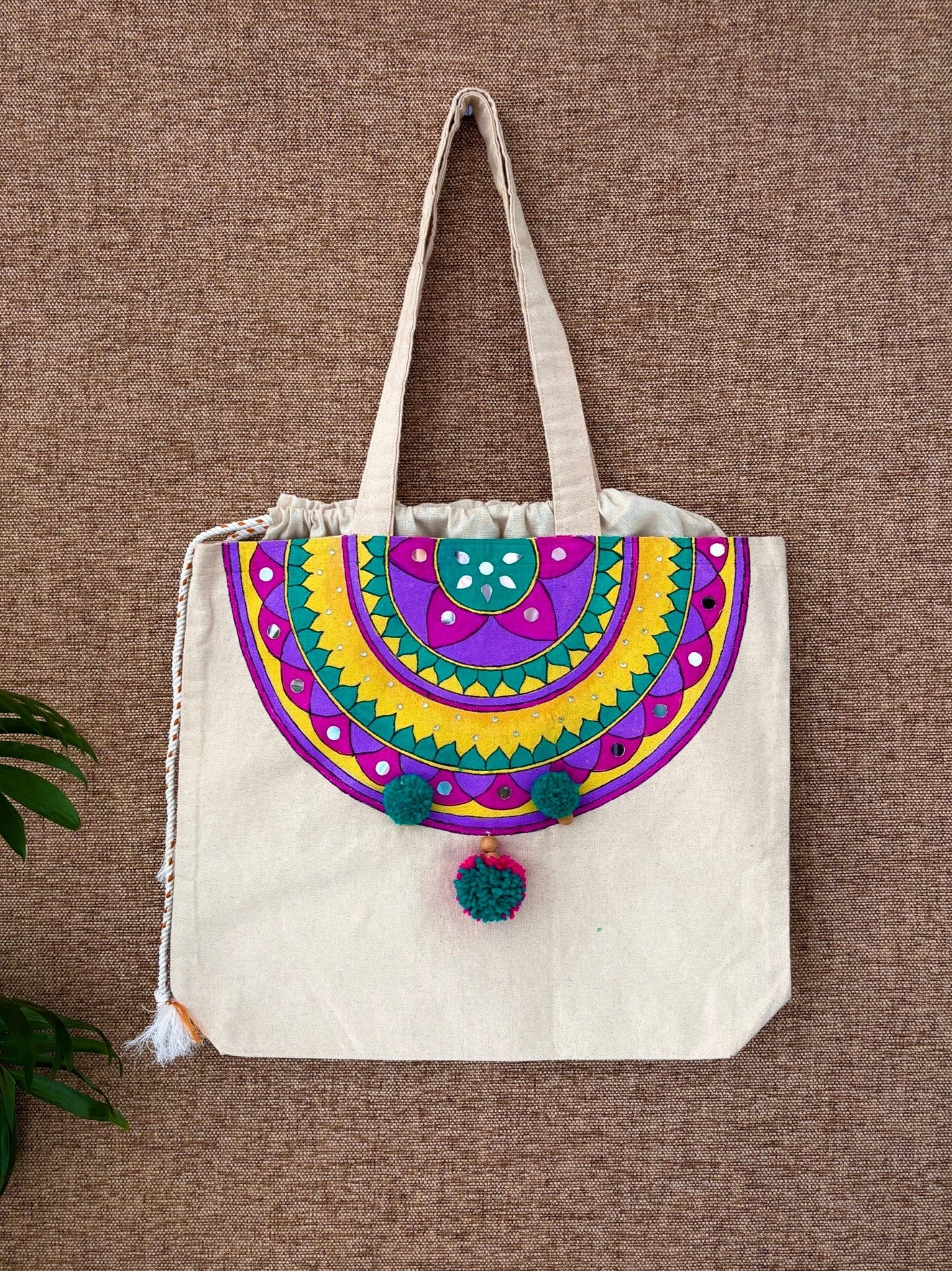 Handpainted balloon tote bag- Colorful design with mirror work