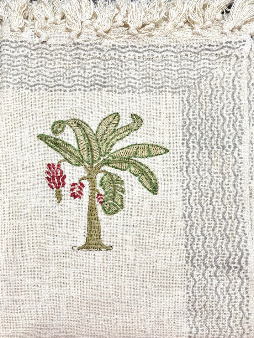 Hand blockprinted Cotton Sofa Throws-Banana tree Elephant