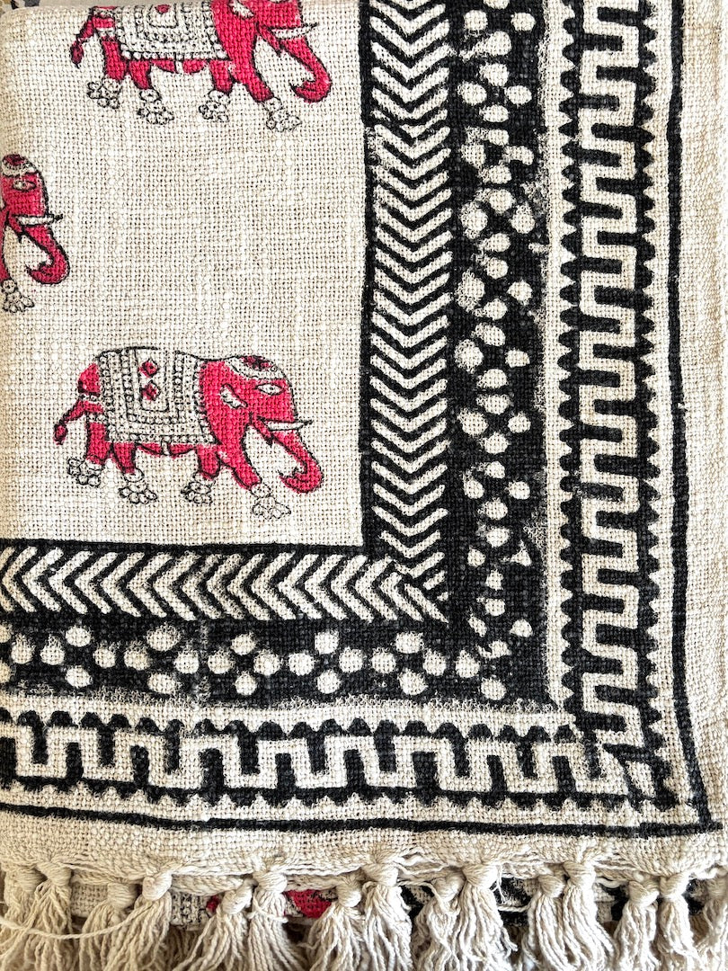 Hand block printed Cotton Sofa Throws-Pink Elephant design