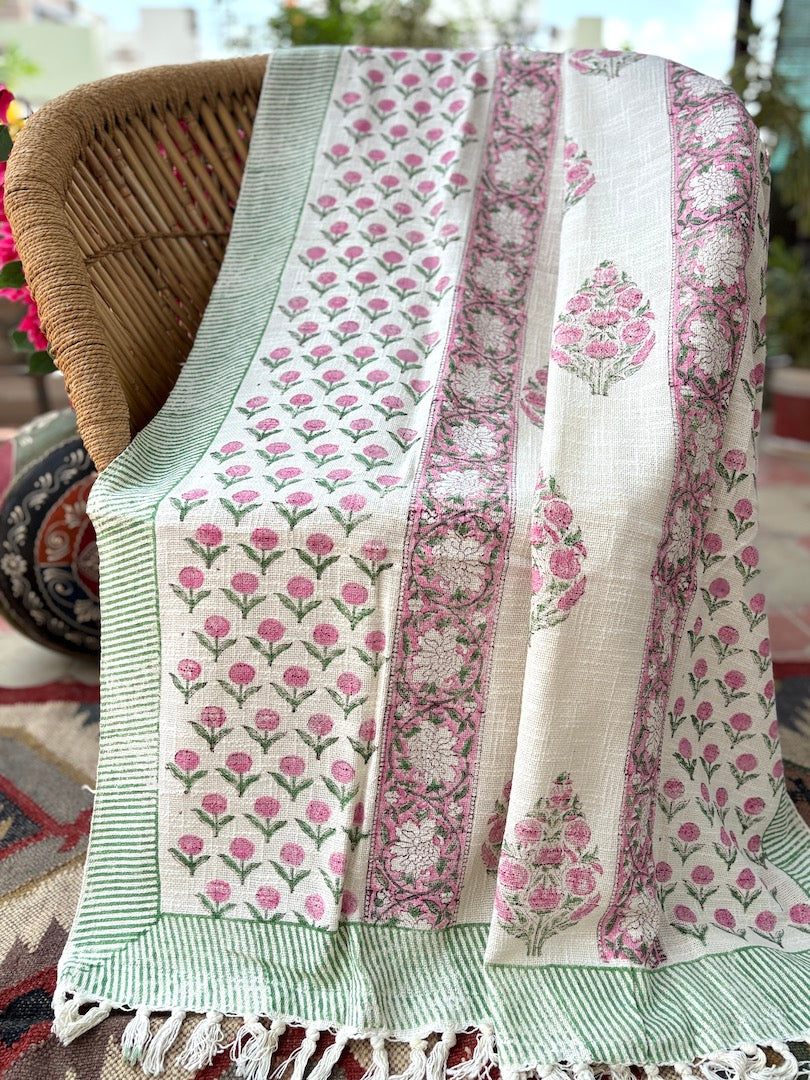Hand block printed Cotton Sofa Throws-Pink Floral