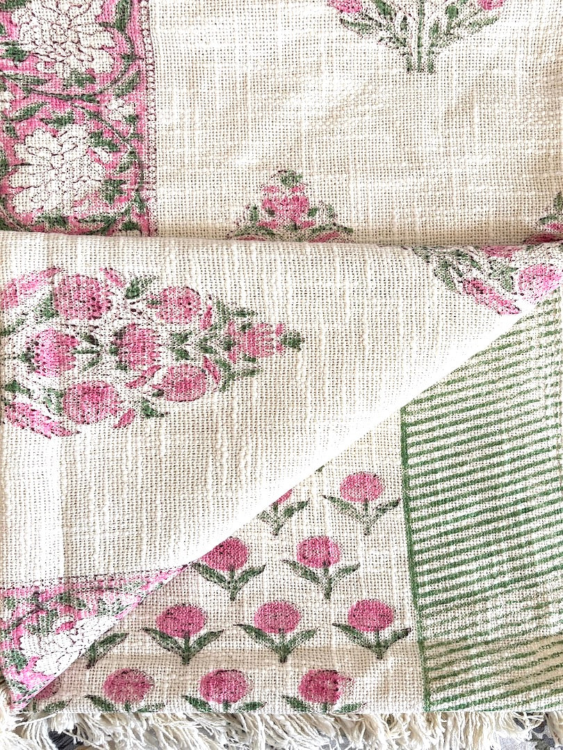 Hand block printed Cotton Sofa Throws-Pink Floral