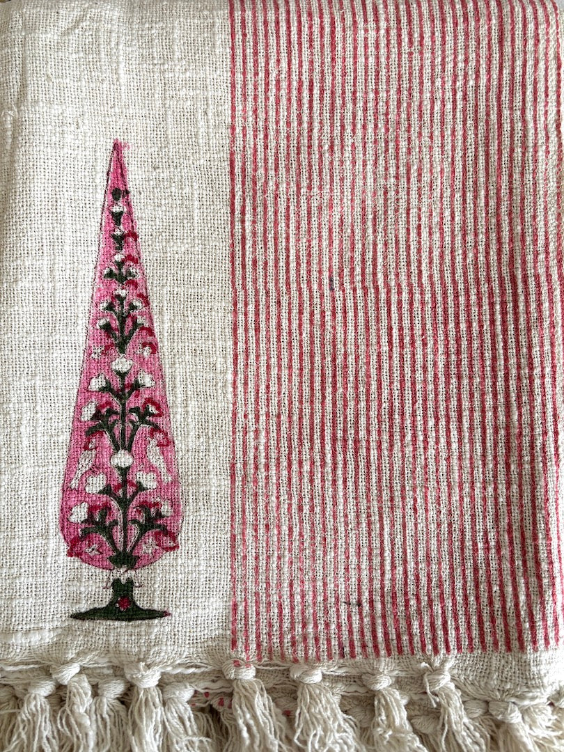 Hand block printed Cotton Sofa Throws-Pink Mughlai