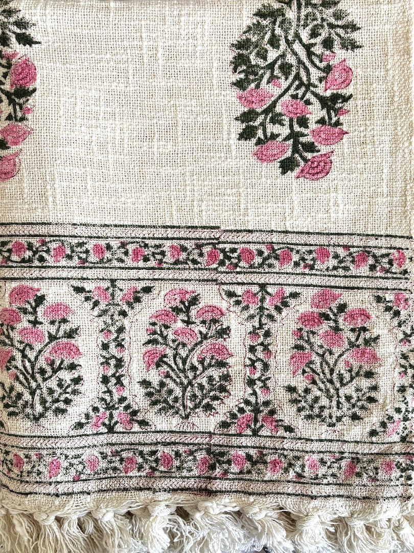Hand blockprinted Cotton Sofa Throws-Pink Green Floral