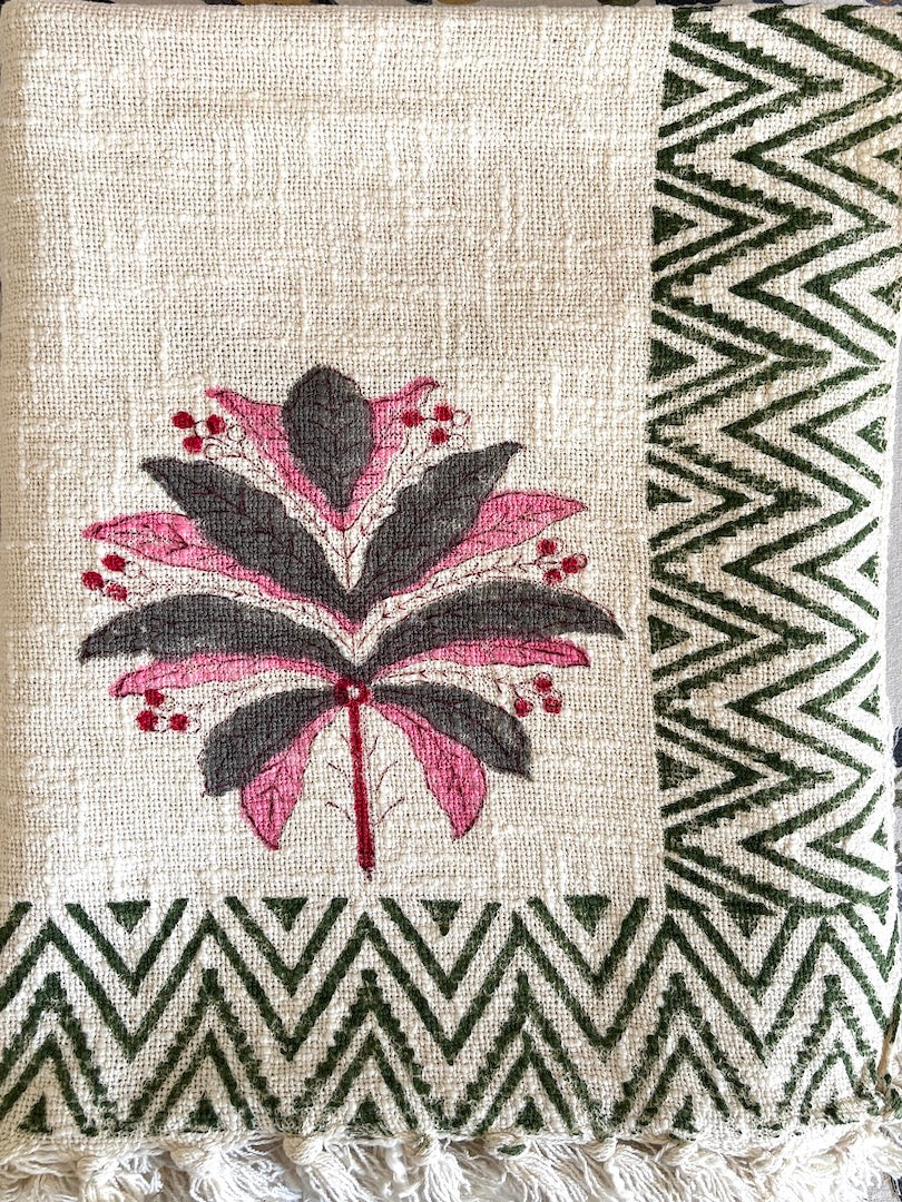 Hand block printed Cotton Sofa Throws-Pink Grey Floral
