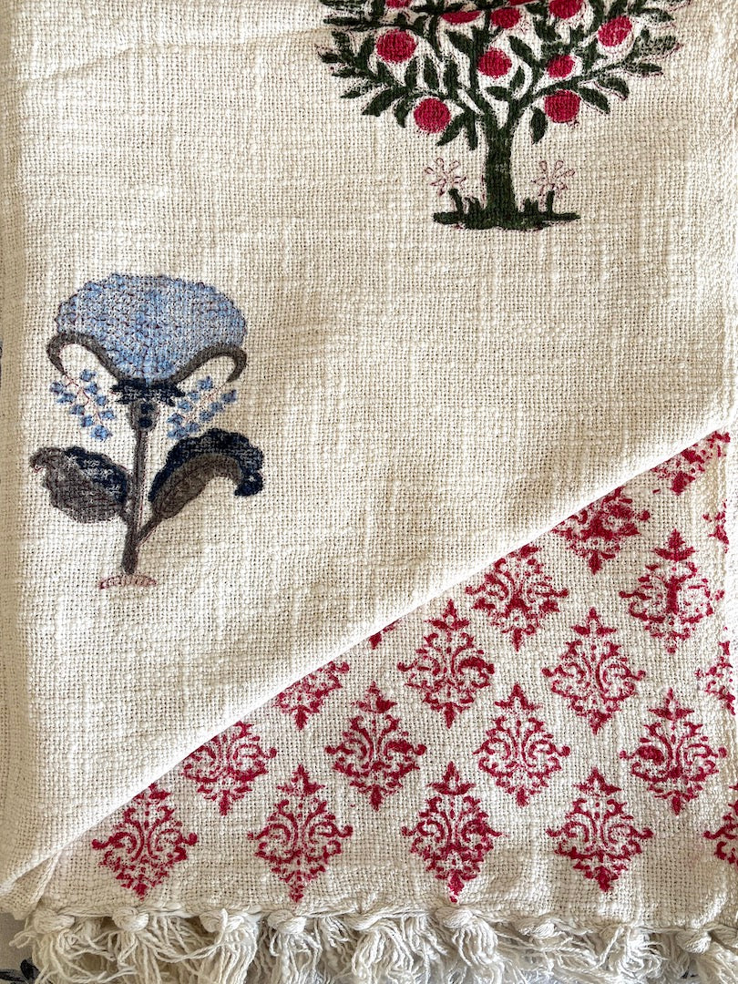 Hand block printed Cotton Sofa Throws-Pink Green Tree