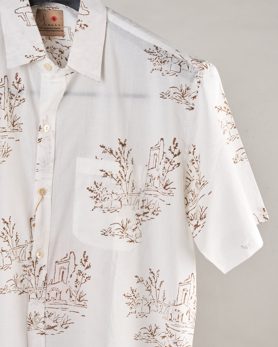 Hand Blockprinted Cotton Half Sleeve Shirt for Men - Regular Fit -White