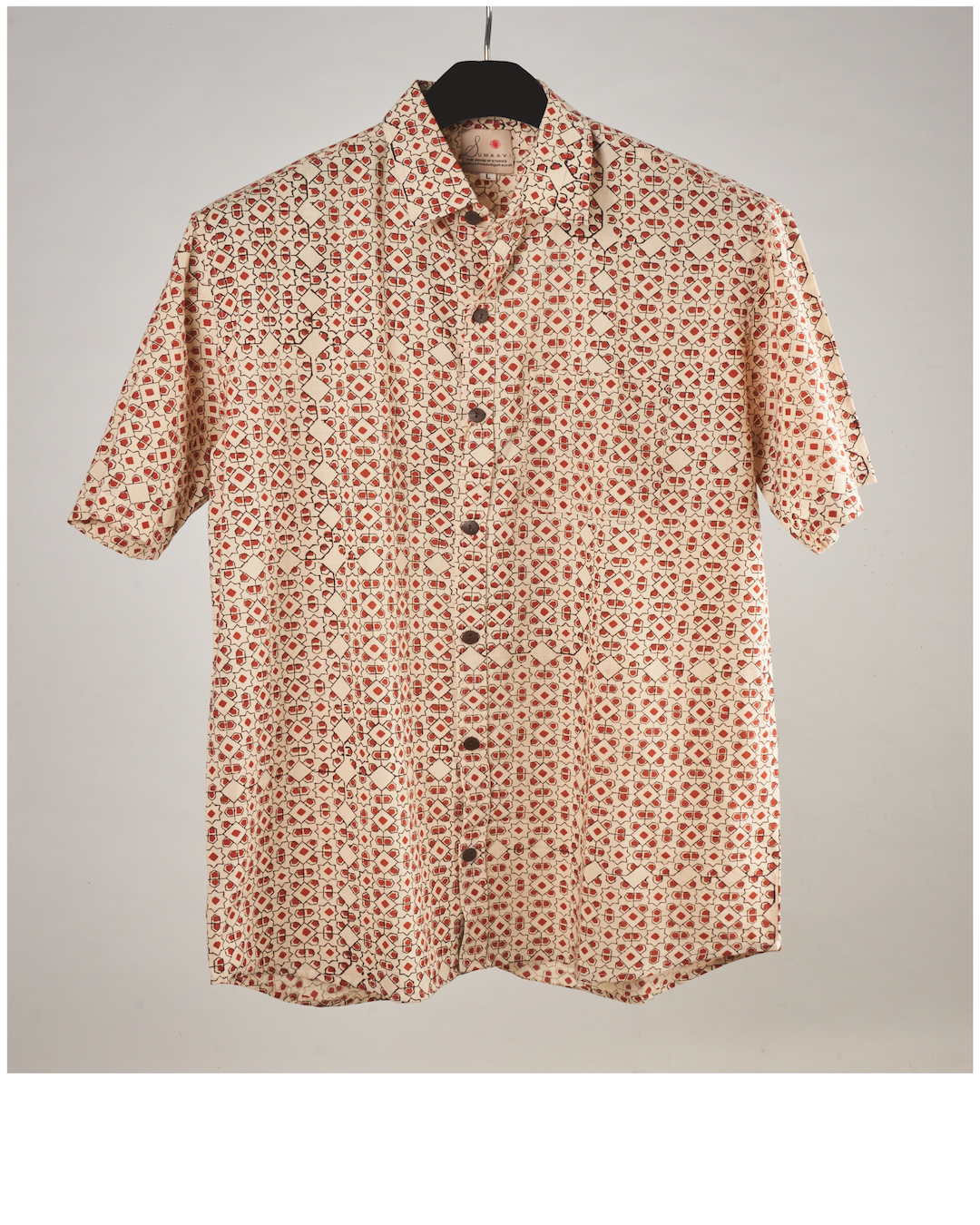 Hand Blockprinted Cotton Half Sleeve Shirt for Men - Regular Fit - Beige Geometric pattern