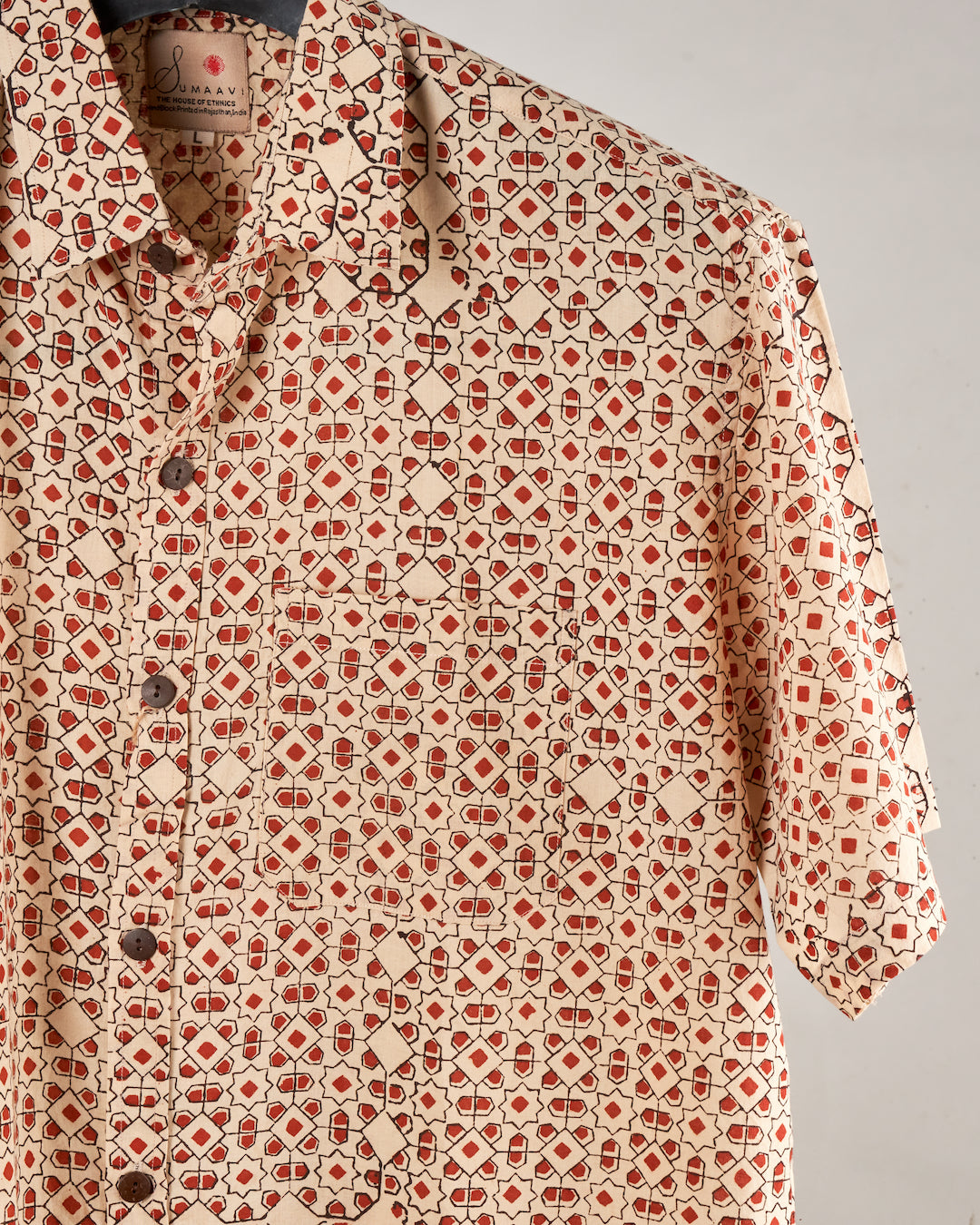 Hand Blockprinted Cotton Half Sleeve Shirt for Men - Regular Fit - Beige Geometric pattern