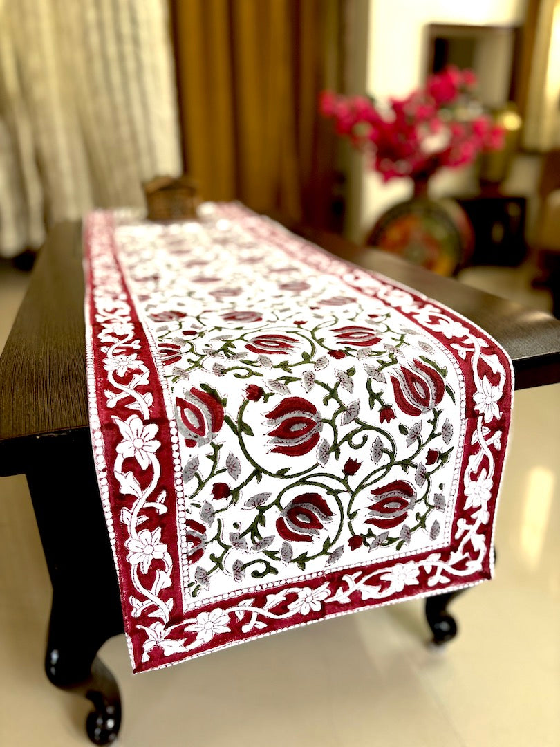 Hand blockprinted table runner | Maroon | Lotus design