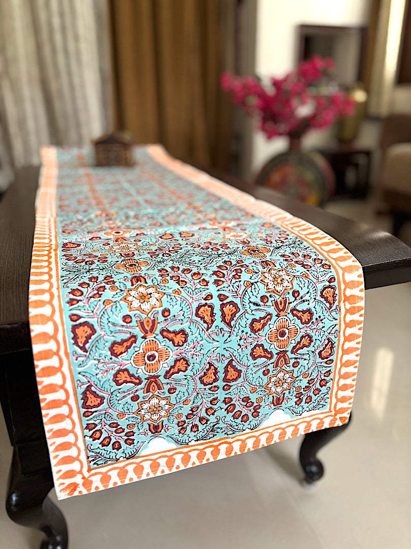 Hand block printed table runner | Orange Blue | Floral design