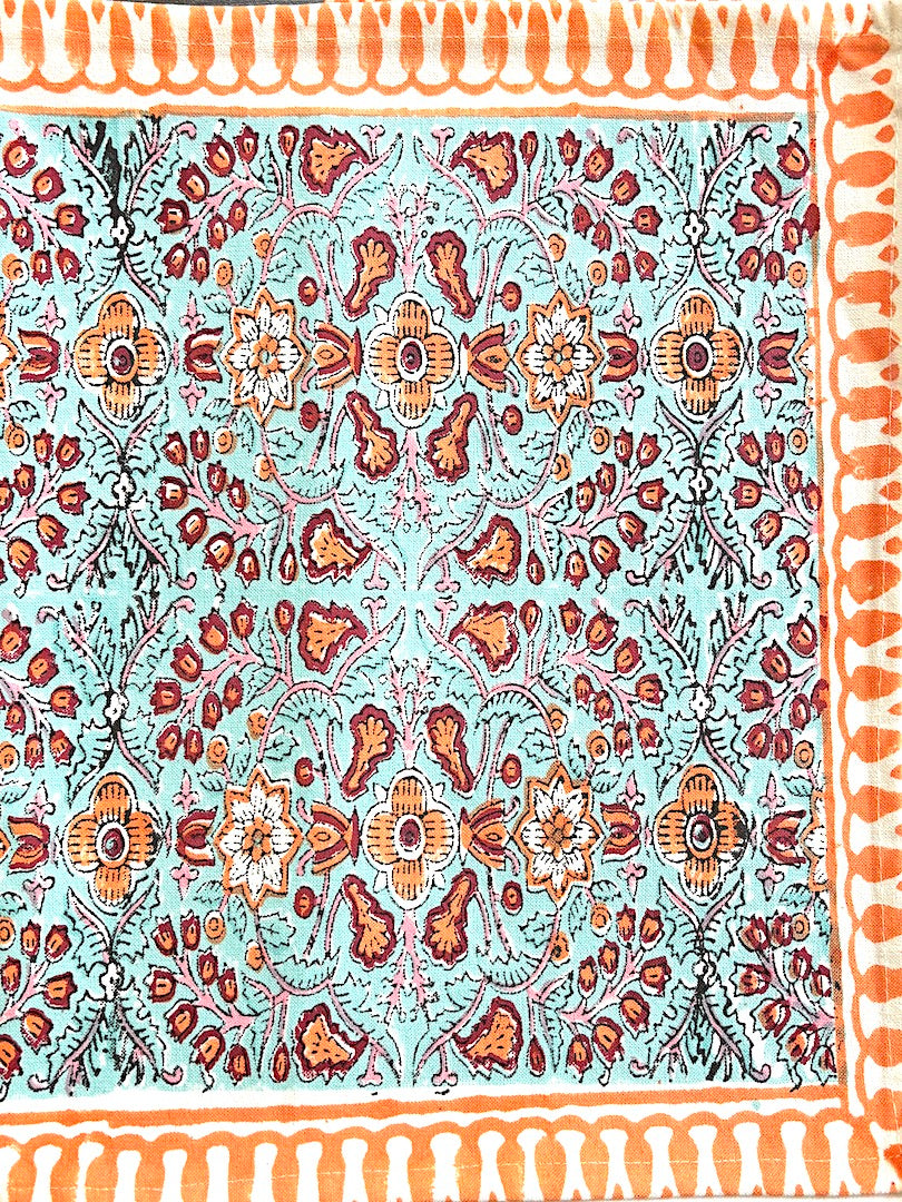 Hand block printed table runner | Orange Blue | Floral design