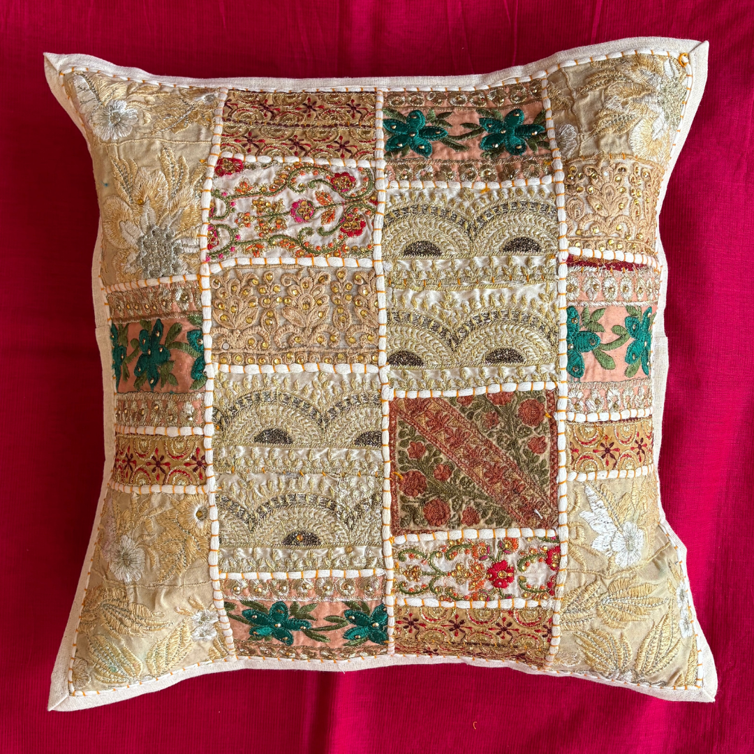 Barmeri Work Embroidery Patchwork Cushion Cover - White