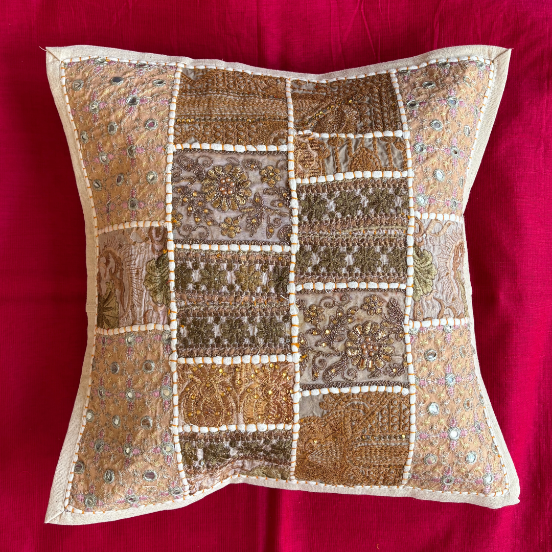 Barmeri Work Embroidery Patchwork Cushion Cover - White