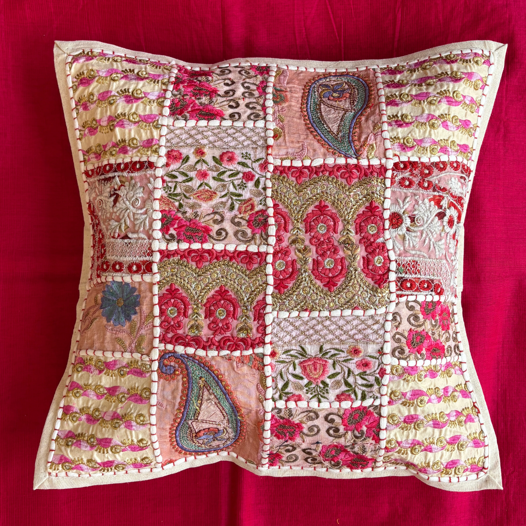 Barmeri Work Embroidery Patchwork Cushion Cover - White