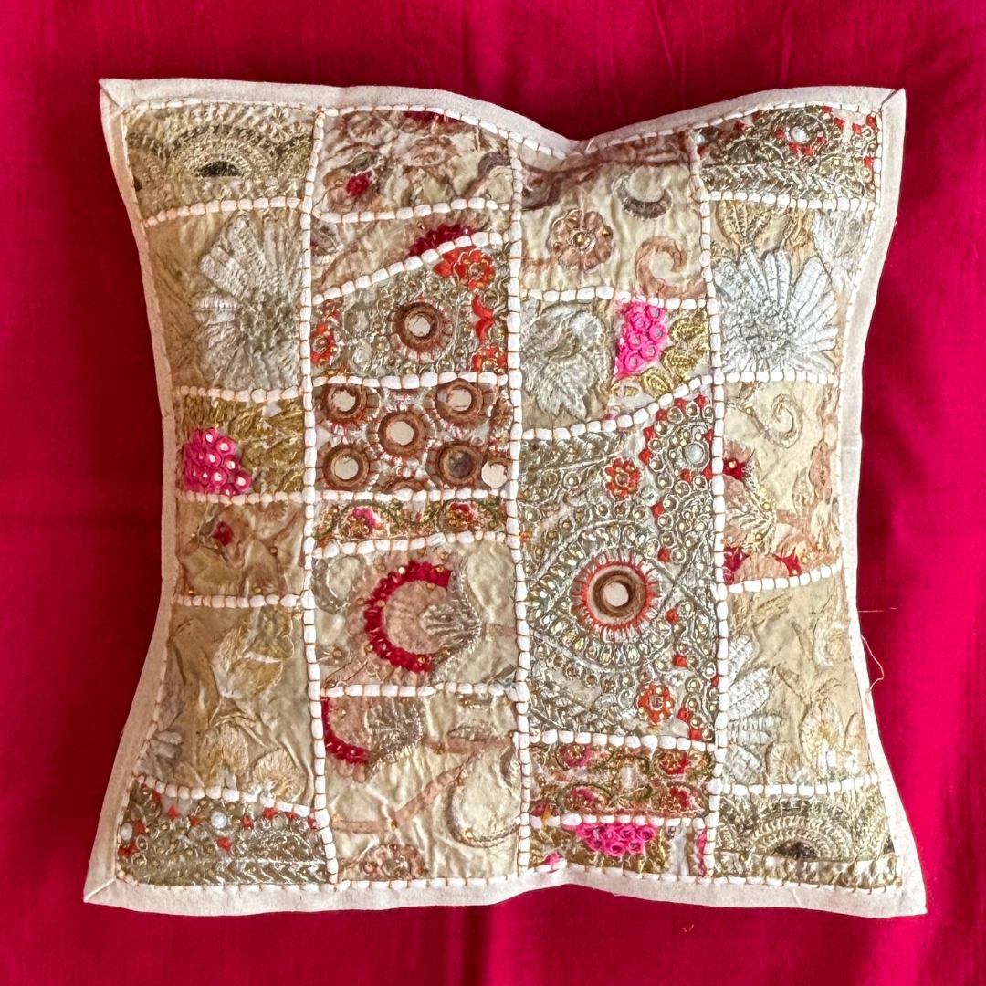 Barmeri Work Embroidery Patchwork Cushion Cover - White