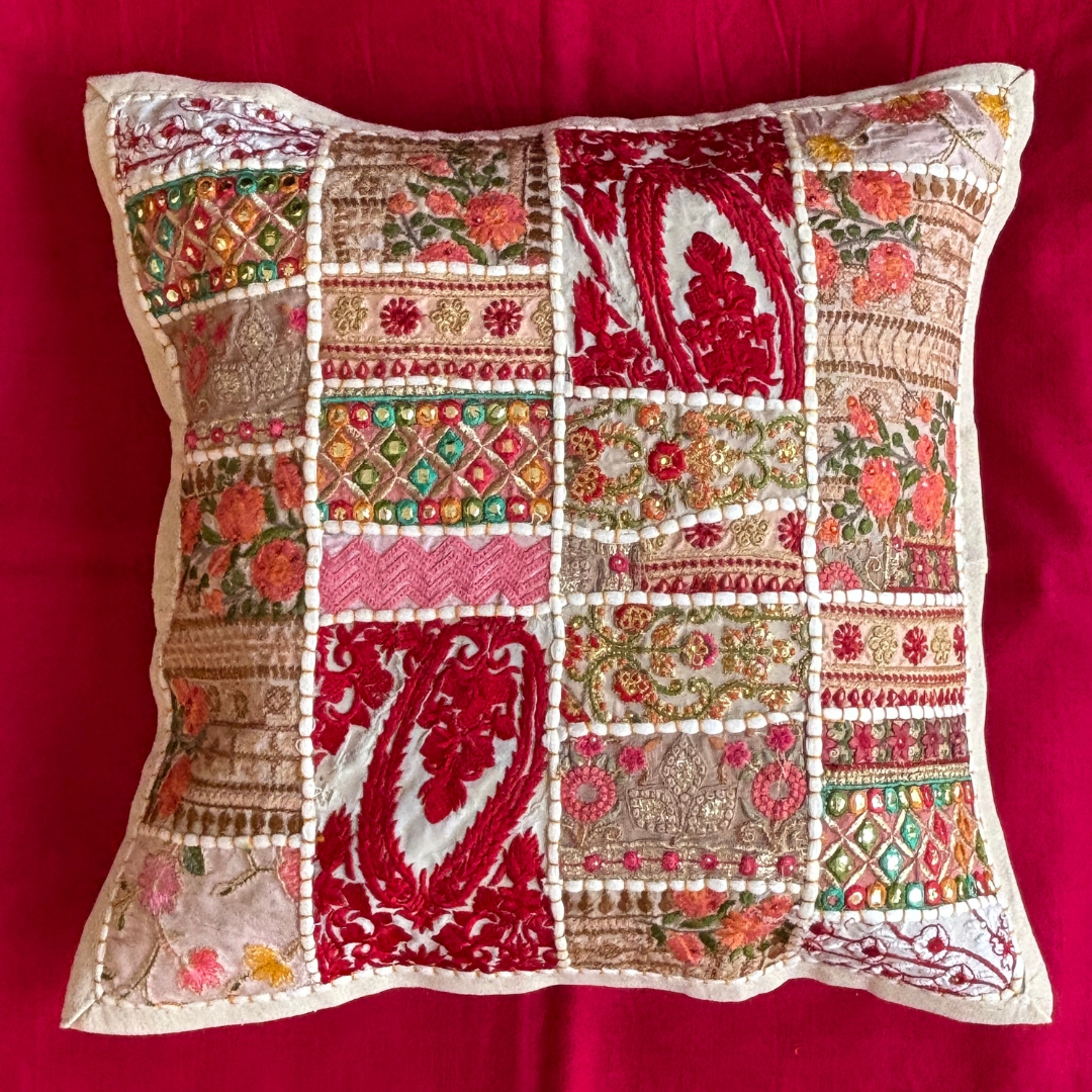 Barmeri Work Embroidery Patchwork Cushion Cover - White