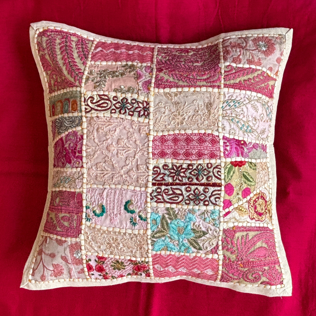 Barmeri Work Embroidery Patchwork Cushion Cover - White