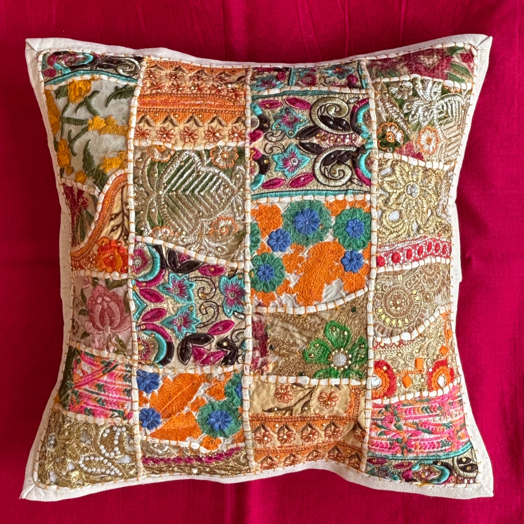 Barmeri Work Embroidery Patchwork Cushion Cover - White