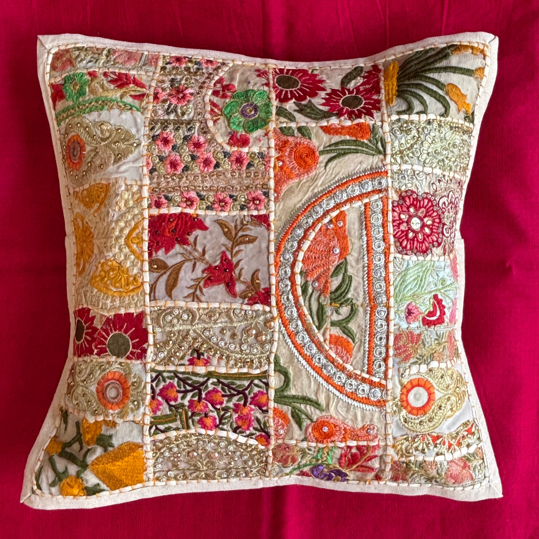 Barmeri Work Embroidery Patchwork Cushion Cover - White