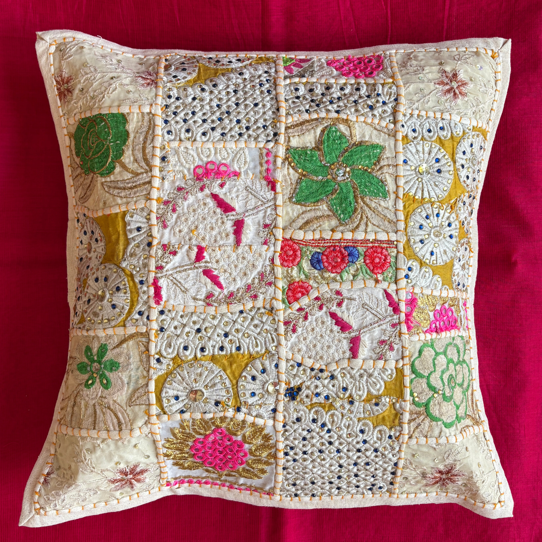 Barmeri Work Embroidery Patchwork Cushion Cover - White