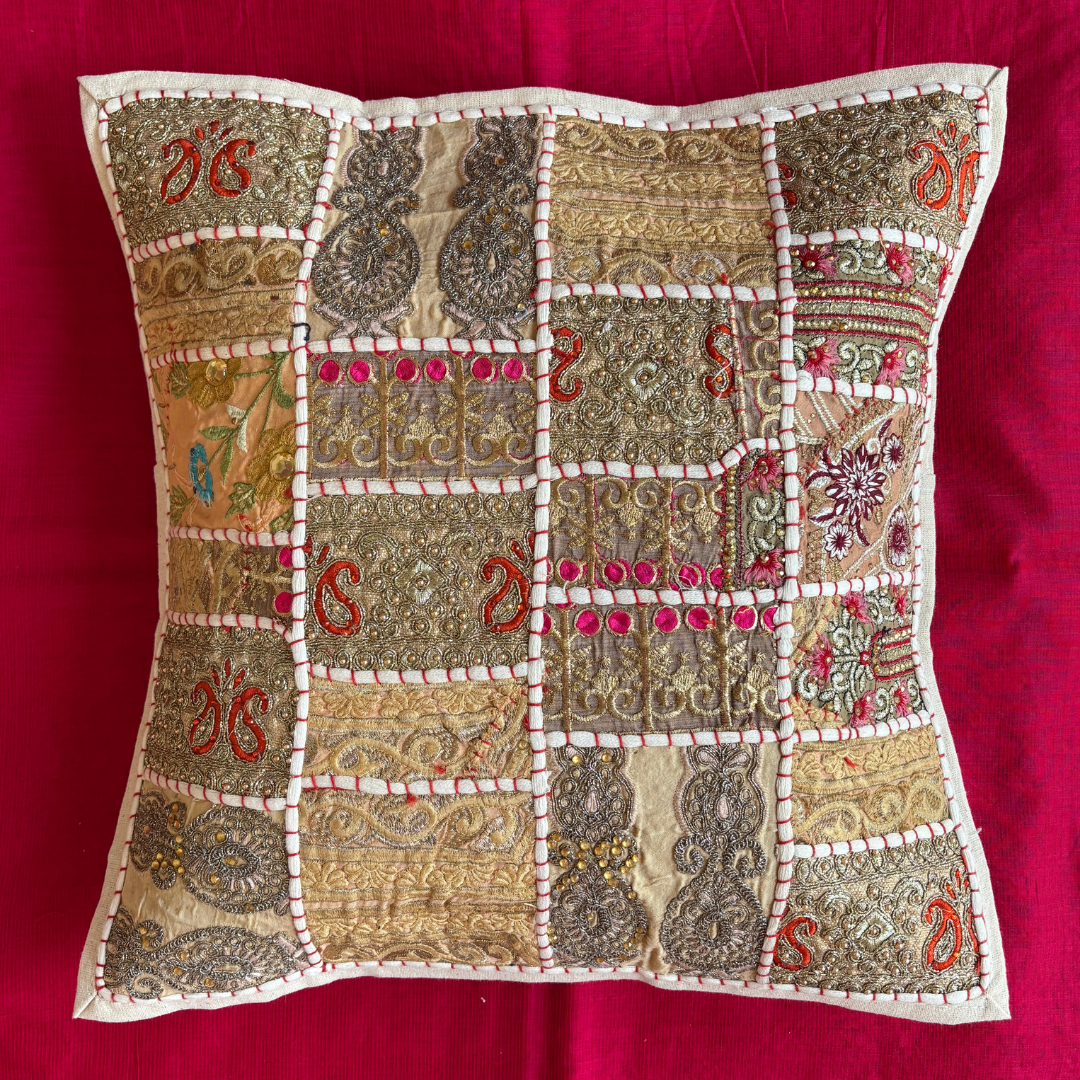 Barmeri Work Embroidery Patchwork Cushion Cover - White