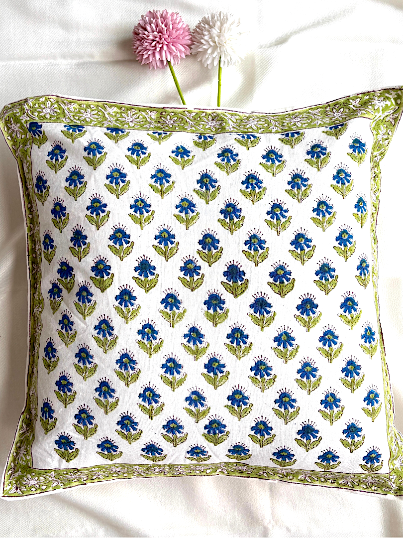 Hand Block printed Cushion Covers-Green Blue-Small Floral design (set of 5)