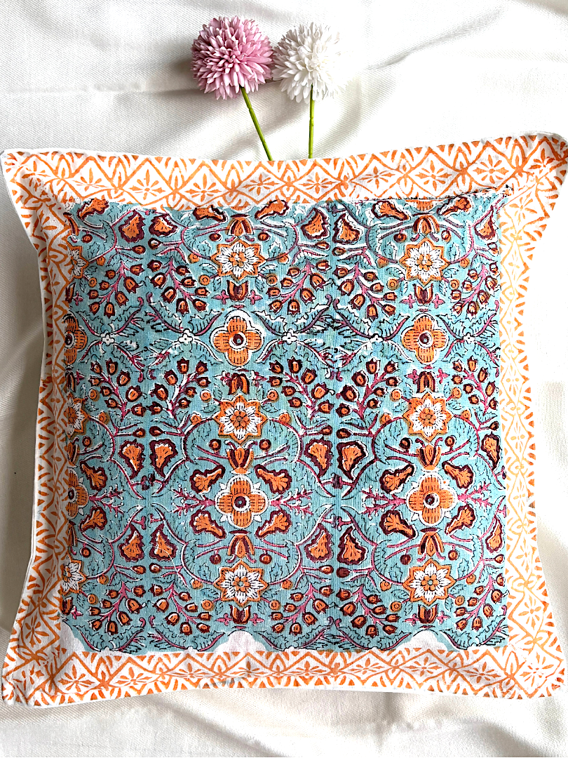 Hand Blockprinted Cushion Cover-Orange-Blue Floral design (set of 5)
