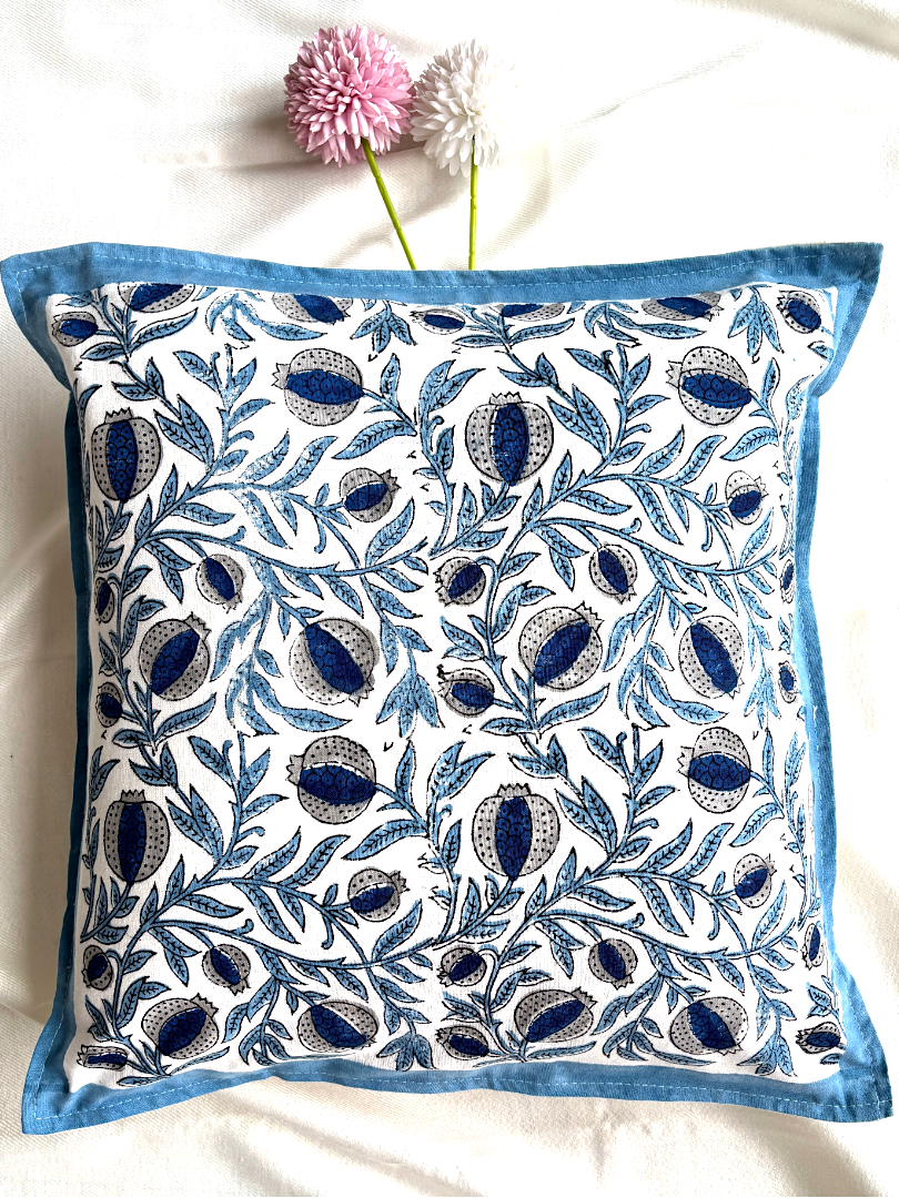 Hand Blockprinted Cushion Cover-Blue-Pomegranate design (set of 5)