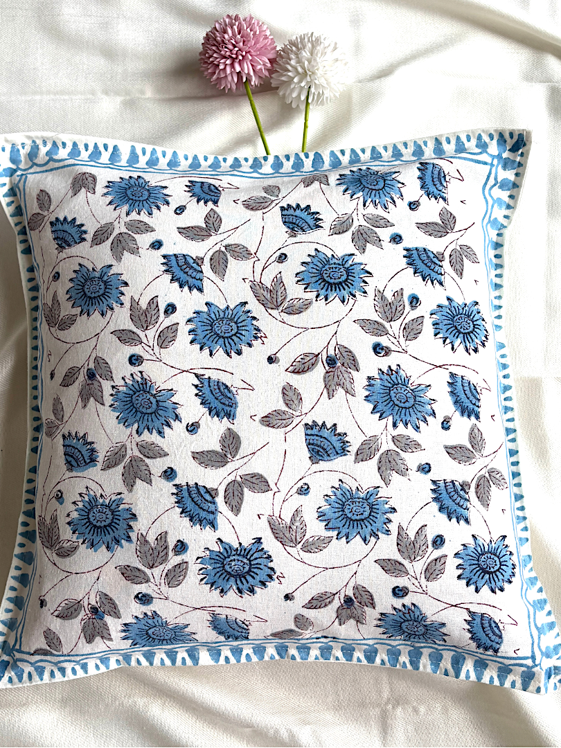Hand Block printed Cushion Cover-Blue-Floral design (set of 5)