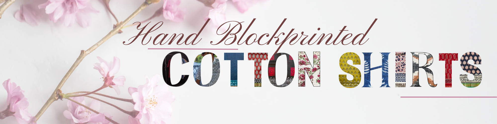 Hand blockprinted cotton shirts text with floral elements on a light background