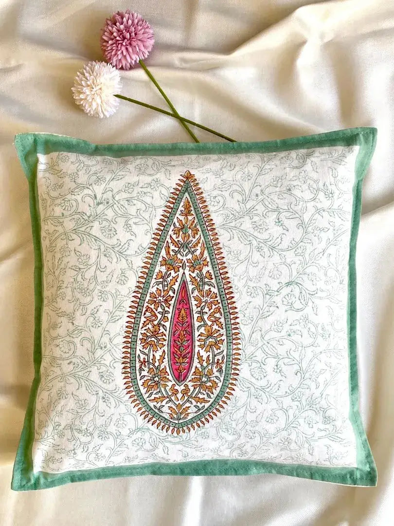 Hand Blockprinted Cushion Cover-Green-Mughlai design (set of 5 cushion covers)