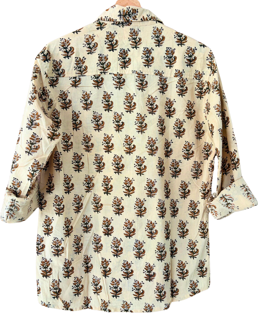 Hand Blockprinted Cotton Full Sleeve Shirt for Men - Regular Fit - Beige Brown Motifs
