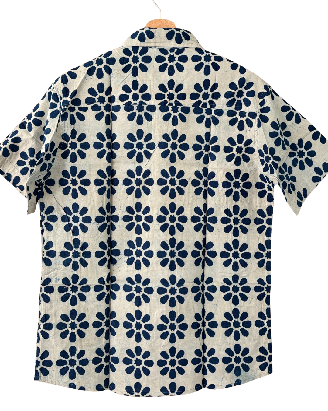 Hand Blockprinted Cotton Half Sleeve Shirt for Men - Regular Fit - White Indigo Blue Floral Motifs