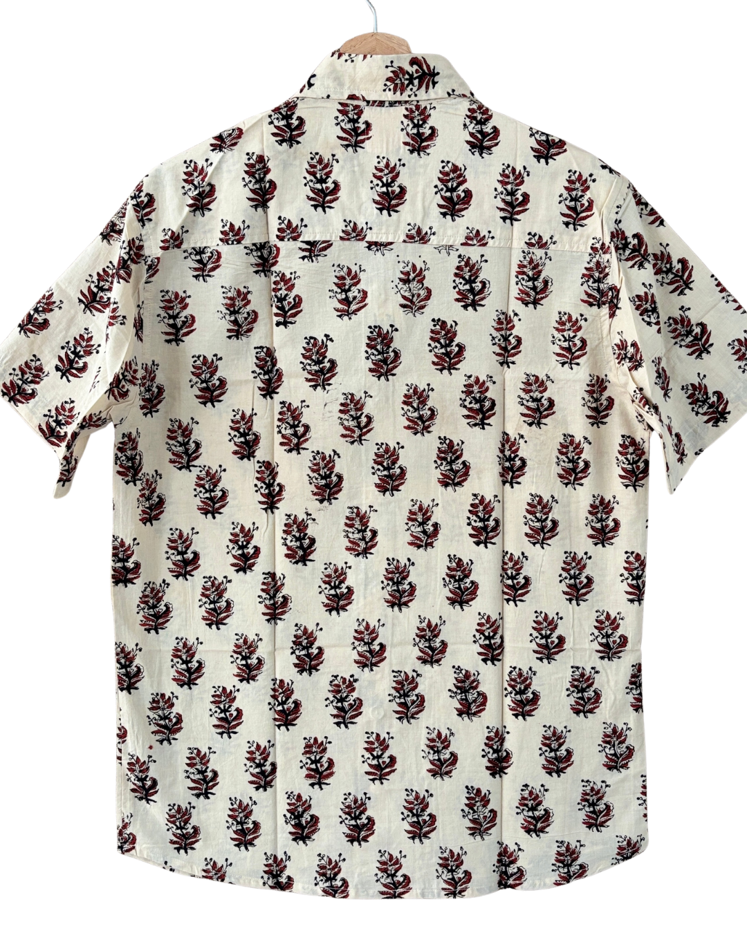 Hand Blockprinted Cotton Half Sleeve Shirt for Men - Regular Fit - Beige Brown Floral Pattern