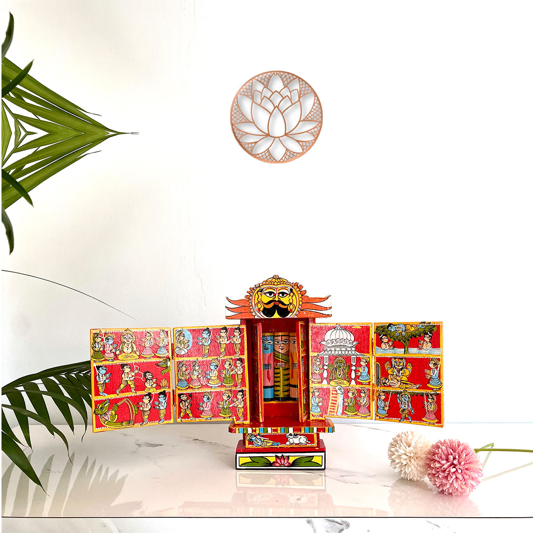 Rajasthani Kaavad Art | 11 inches | Orange Red Colour | Ram Krishna Leela