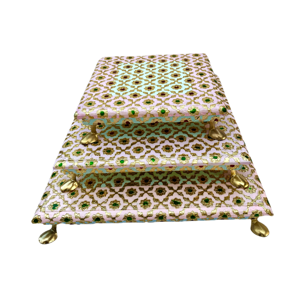 Meenakari Golden Chowki | Stool | Pink Blue | Large