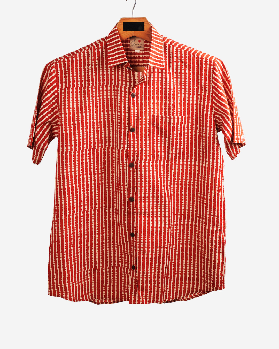Hand Blockprinted Cotton Half Sleeve Shirt for Men - Regular Fit - Red Stripes